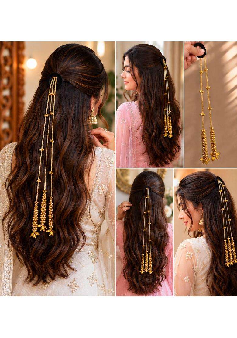Pearls N Twirls Gold Kashmiri Traditional Ghungroo Parandi Chain Hair Extension Tassel with Tinkling Bell - Indya