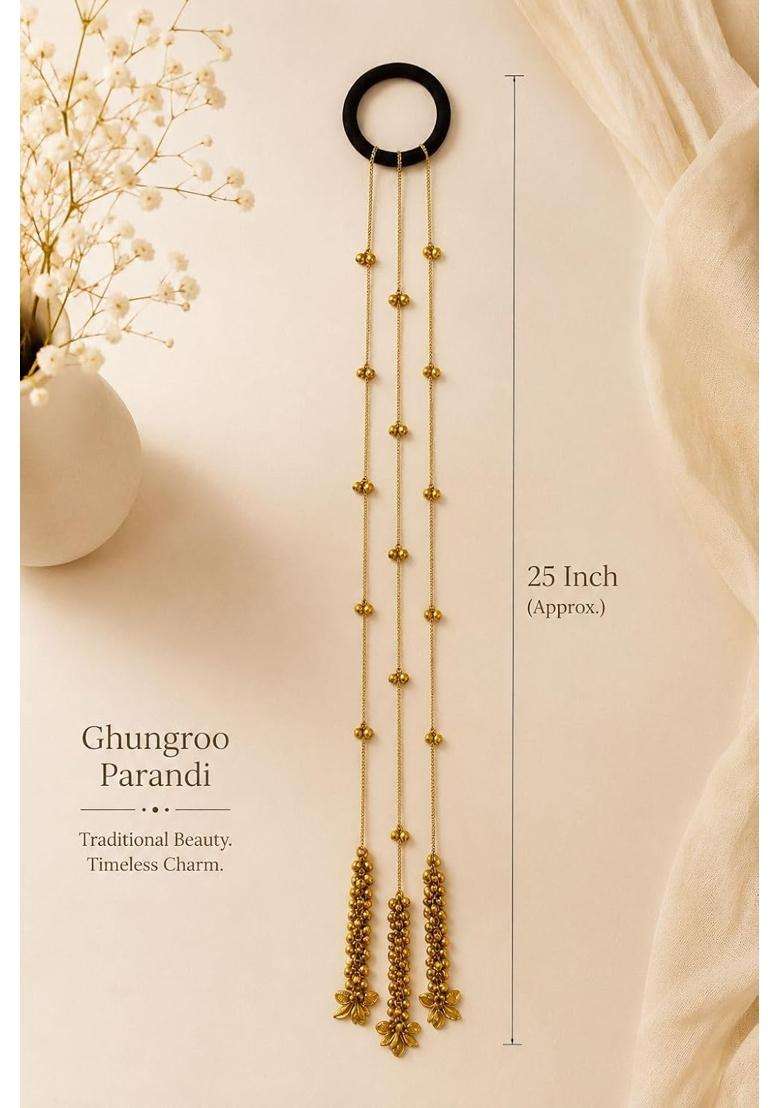 Pearls N Twirls Gold Kashmiri Traditional Ghungroo Parandi Chain Hair Extension Tassel with Tinkling Bell - Indya