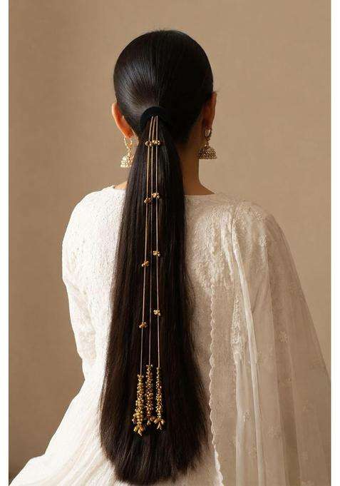 Pearls N Twirls Gold Kashmiri Traditional Ghungroo Parandi Chain Hair Extension Tassel with Tinkling Bell