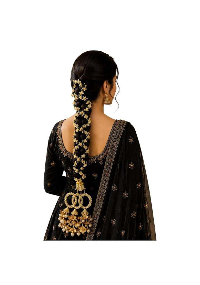 Miras by Sai Traders Punjabi Bridal Parandi Paranda Black and Gold Braided Hair Paranda with Pom Tassels - Indya