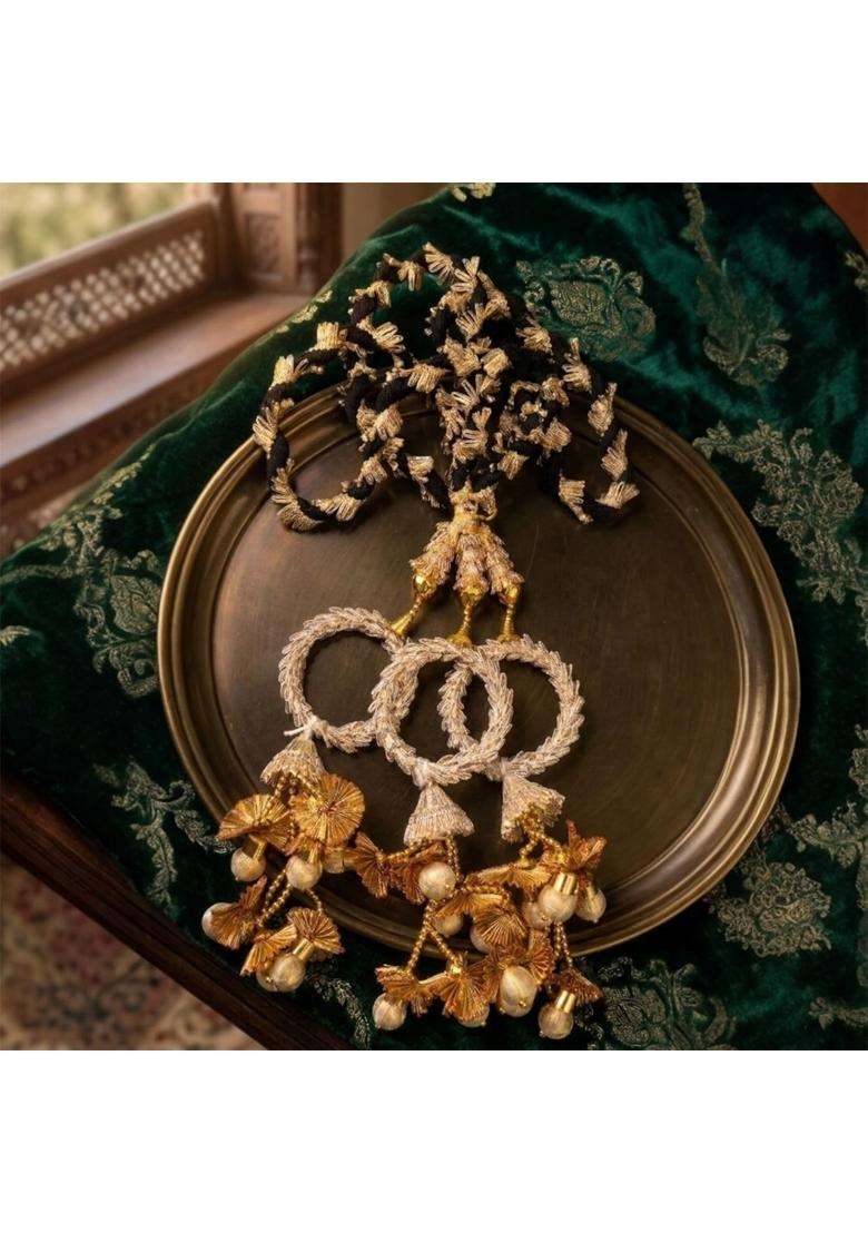 Miras by Sai Traders Punjabi Bridal Parandi Paranda Black and Gold Braided Hair Paranda with Pom Tassels - Indya