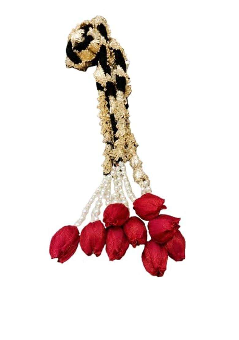 K RAJ Red Rose Punjabi Paranda for Women and Girls Golden Black Braided Hair Accessory with Red Rose Tassels - Indya