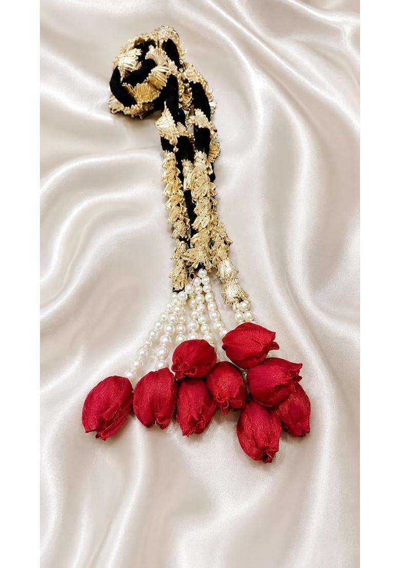 K RAJ Red Rose Punjabi Paranda for Women and Girls Golden Black Braided Hair Accessory with Red Rose Tassels - Indya