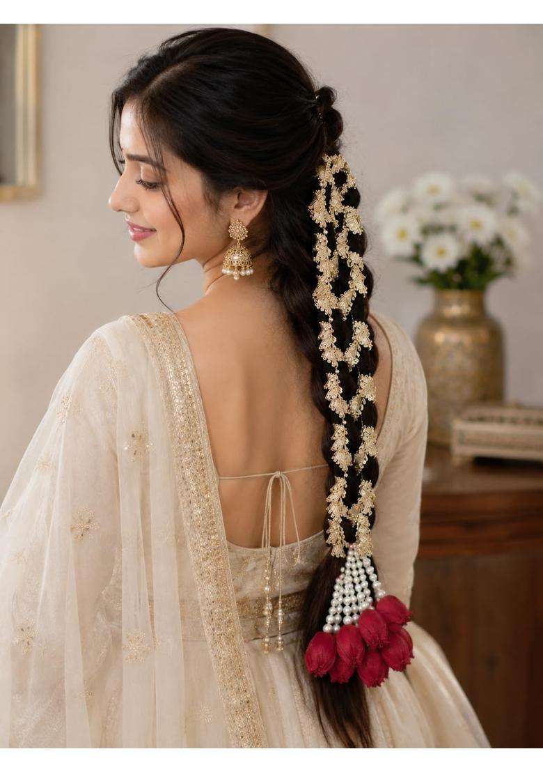 K RAJ Red Rose Punjabi Paranda for Women and Girls Golden Black Braided Hair Accessory with Red Rose Tassels - Indya