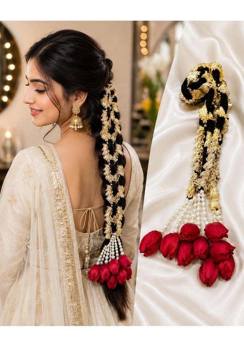 K RAJ Red Rose Punjabi Paranda for Women and Girls Golden Black Braided Hair Accessory with Red Rose Tassels - Indya