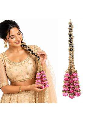 Prityka Heavy Rose Design Punjabi Goldean Pink Hair Paranda for Women