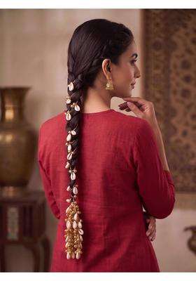 Zewla Craft Golden Kashmiri Traditional Cowrie Shell Parandi Chain Hair Extension Tassel with Tinkling