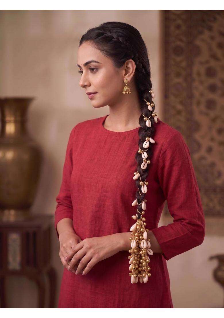 Zewla Craft Golden Kashmiri Traditional Cowrie Shell Parandi Chain Hair Extension Tassel with Tinkling - Indya