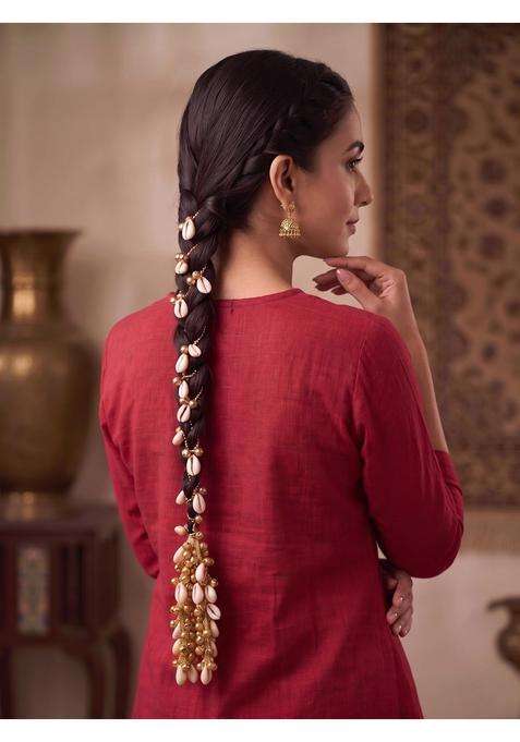 Zewla Craft Golden Kashmiri Traditional Cowrie Shell Parandi Chain Hair Extension Tassel with Tinkling