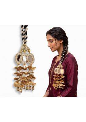 VTN Golden Handmade Punjabi Parandi Paranda Traditional Braid and Hair Extension with Mirror and Hangings