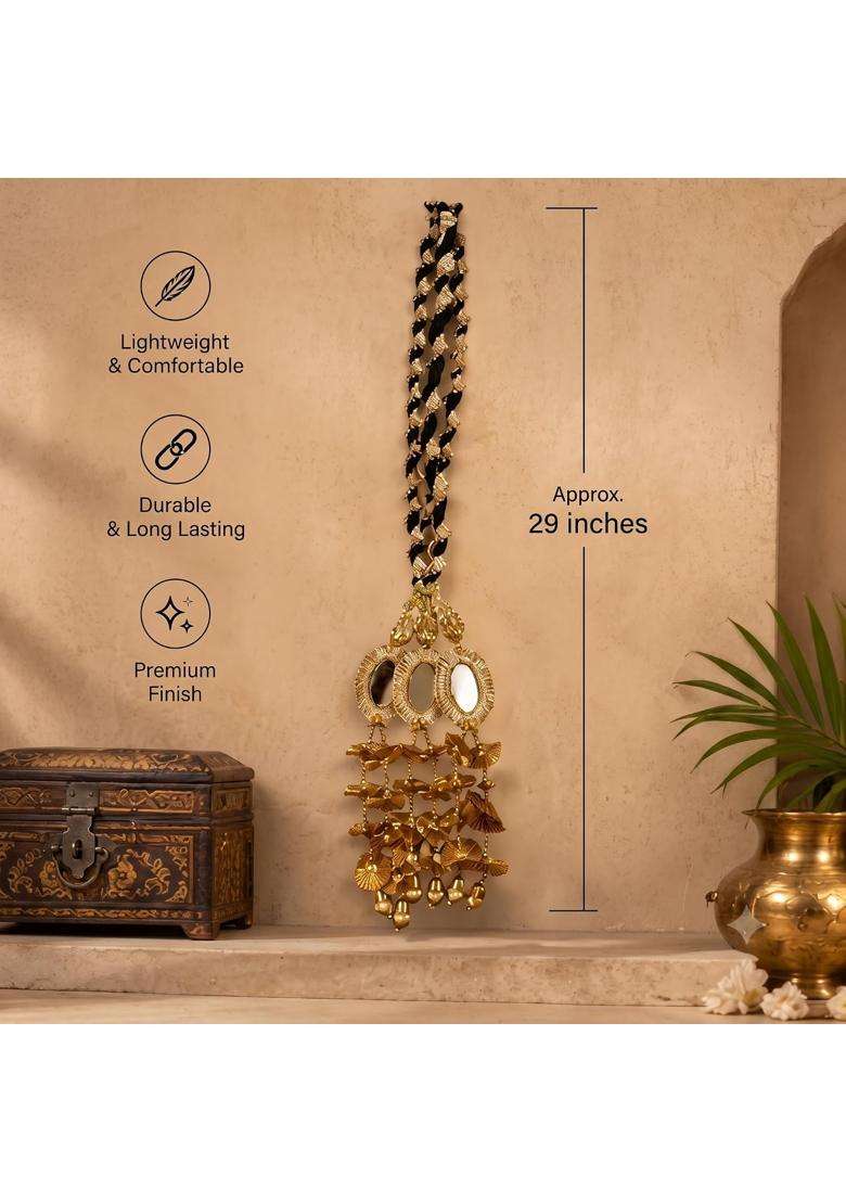VTN Golden Handmade Punjabi Parandi Paranda Traditional Braid and Hair Extension with Mirror and Hangings - Indya
