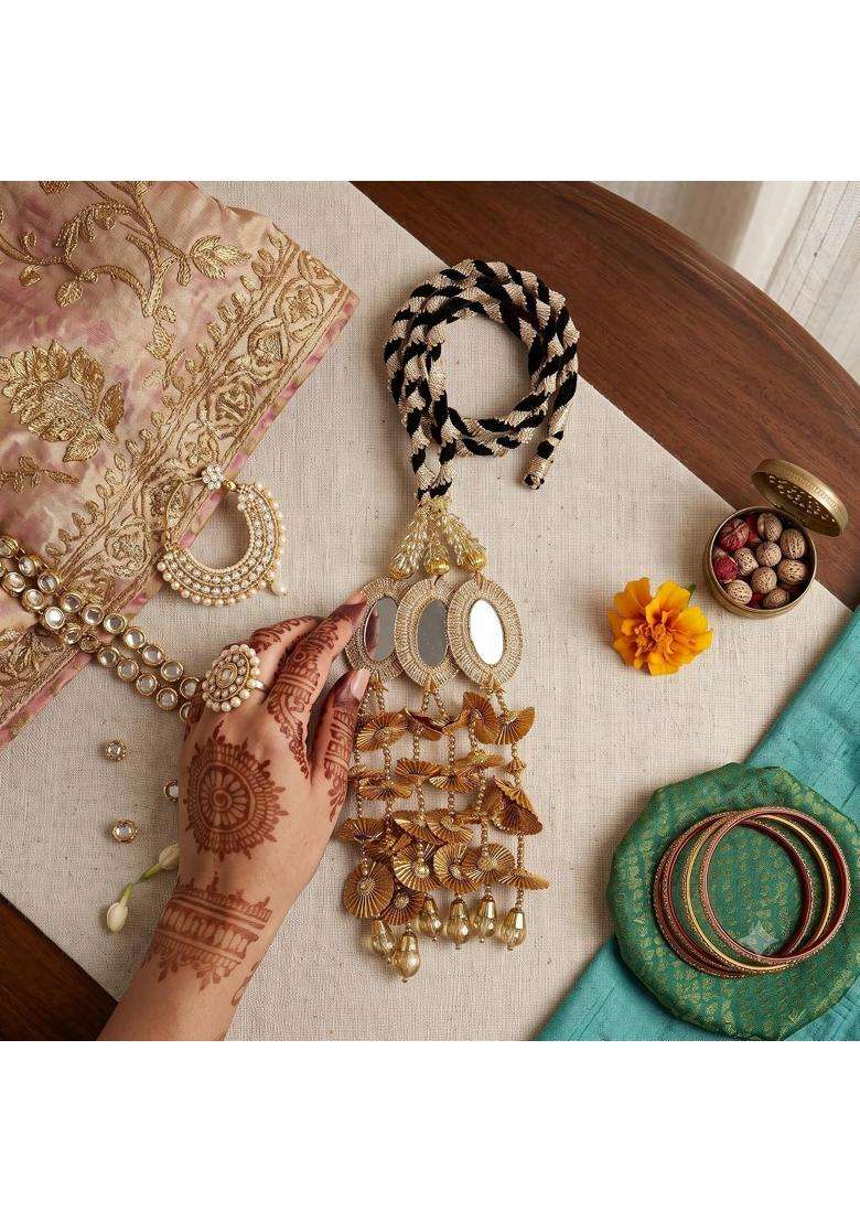 VTN Golden Handmade Punjabi Parandi Paranda Traditional Braid and Hair Extension with Mirror and Hangings - Indya
