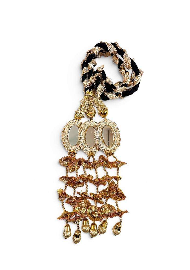 VTN Golden Handmade Punjabi Parandi Paranda Traditional Braid and Hair Extension with Mirror and Hangings - Indya