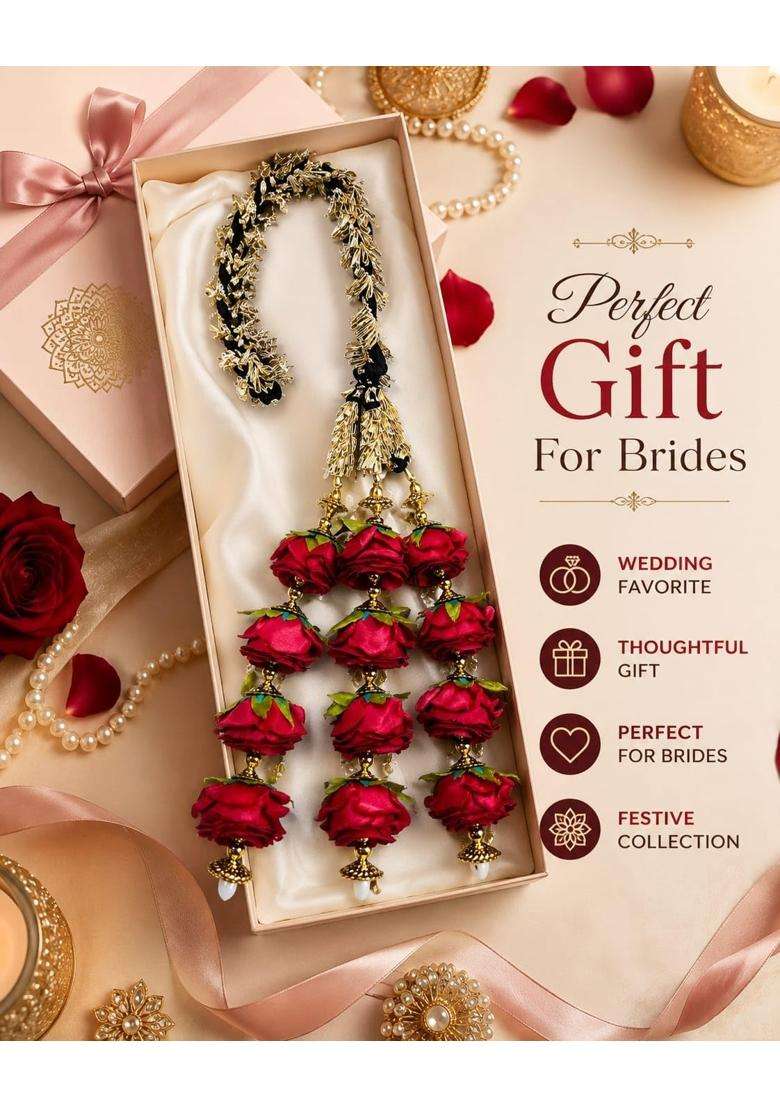 Premium Rose Paranda for Women Traditional Punjabi Paranda with Artificial Rose Flowers and Golden Tassels - Indya