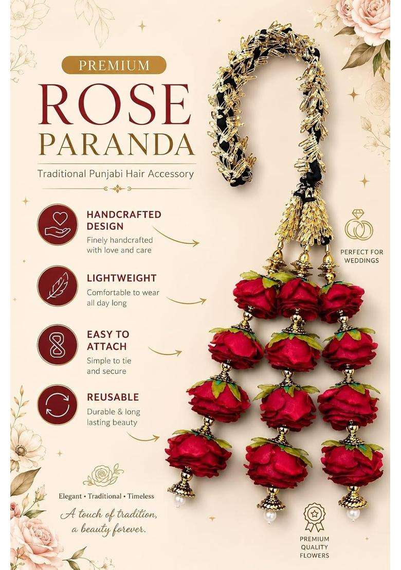 Premium Rose Paranda for Women Traditional Punjabi Paranda with Artificial Rose Flowers and Golden Tassels - Indya