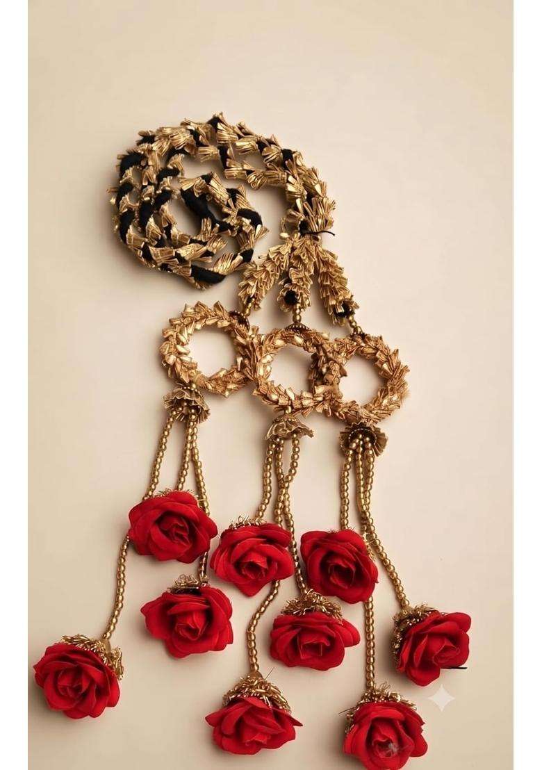 Velina Red Rose Floral and Gold Wreath Panjabi Paranda Handcrafted Traditional Hair Parandi Braid Hair - Indya