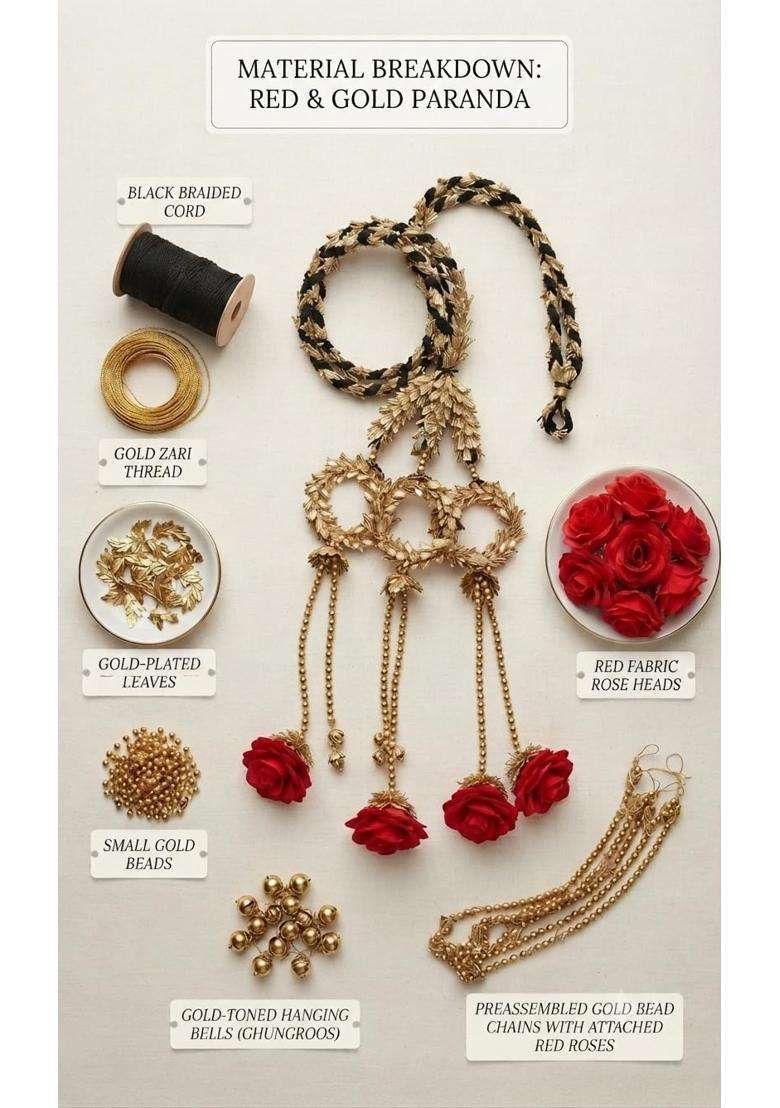 Velina Red Rose Floral and Gold Wreath Panjabi Paranda Handcrafted Traditional Hair Parandi Braid Hair - Indya