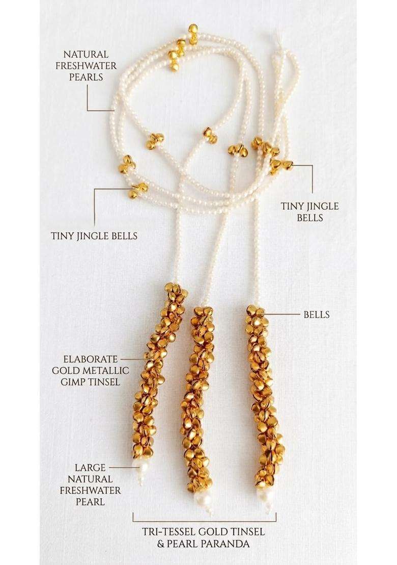 White Velina Pearl and Tiny Jingel Bell Tassel Panjabi Paranda Handcrafted Parandi Braid Tassles Traditional - Indya