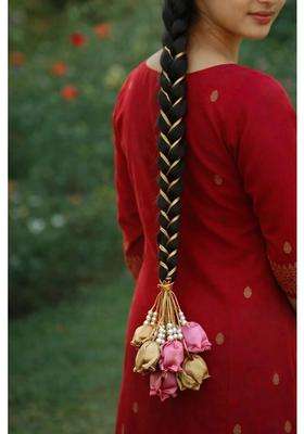 Fashion HUB Store Bridal Braid Hair Paranda for Long Hair Traditional Pearl and Fabric Flower Hair Jewellery