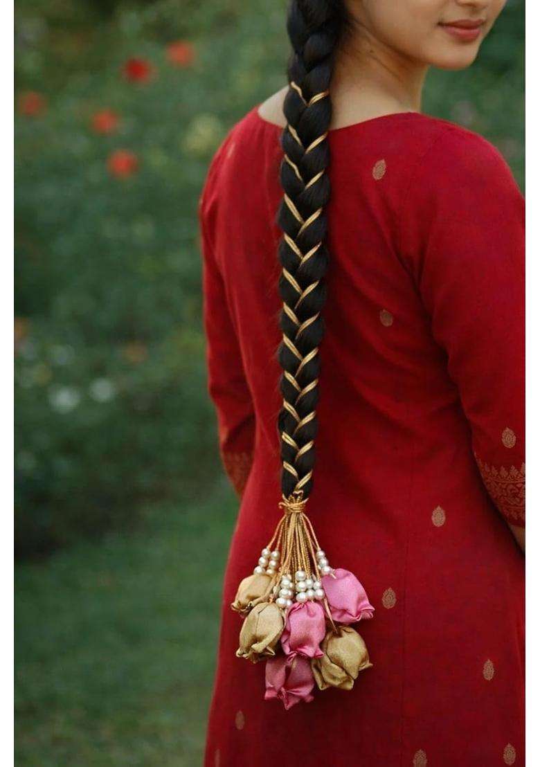 Fashion HUB Store Bridal Braid Hair Paranda for Long Hair Traditional Pearl and Fabric Flower Hair Jewellery - Indya