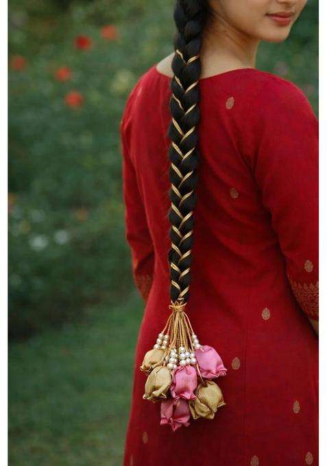 Fashion HUB Store Bridal Braid Hair Paranda for Long Hair Traditional Pearl and Fabric Flower Hair Jewellery