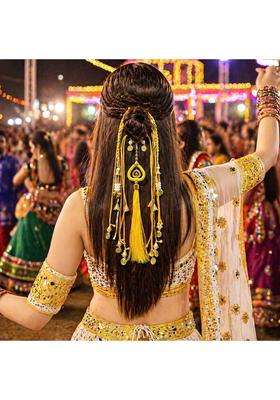 Suwasna Yellow Boho Hair Tie with Thread Tassels Braids and Coin Charms Paranda