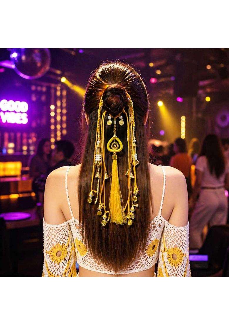Suwasna Yellow Boho Hair Tie with Thread Tassels Braids and Coin Charms Paranda - Indya
