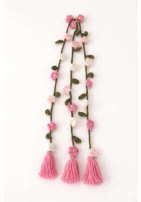 Pink Handmade Wool Paranda Floral Crochet Ethnic Hair Braid Accessory