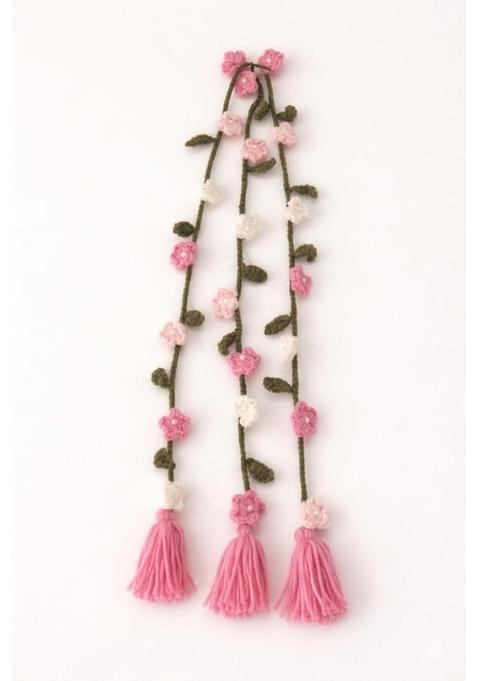 Pink Handmade Wool Paranda Floral Crochet Ethnic Hair Braid Accessory