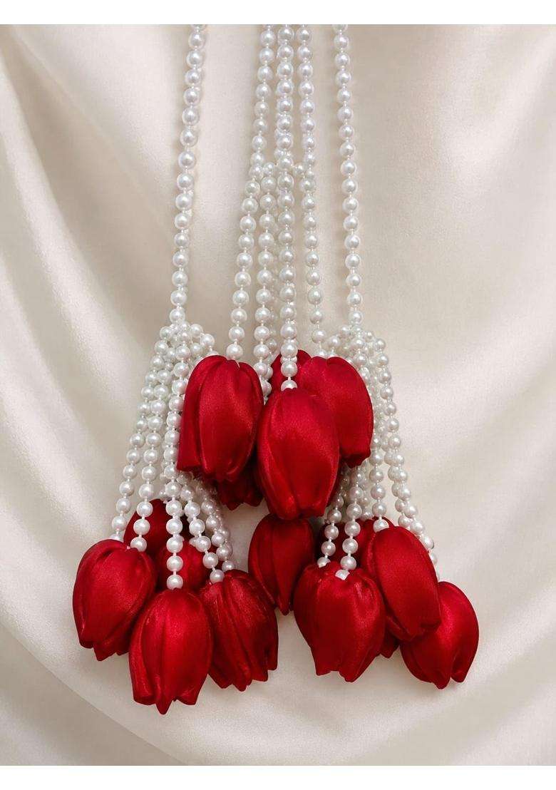 H Style Store Heavy Red Tulip Design Paranda Parandi Braid Tassles Hair Accessory for Women and Girls Hair - Indya