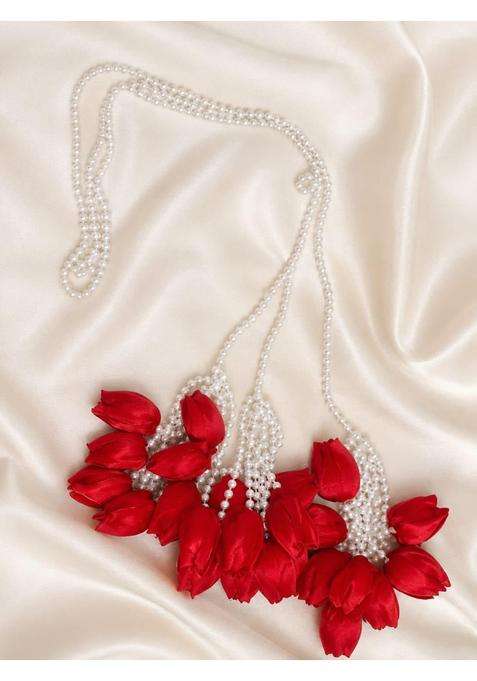 H Style Store Heavy Red Tulip Design Paranda Parandi Braid Tassles Hair Accessory for Women and Girls Hair