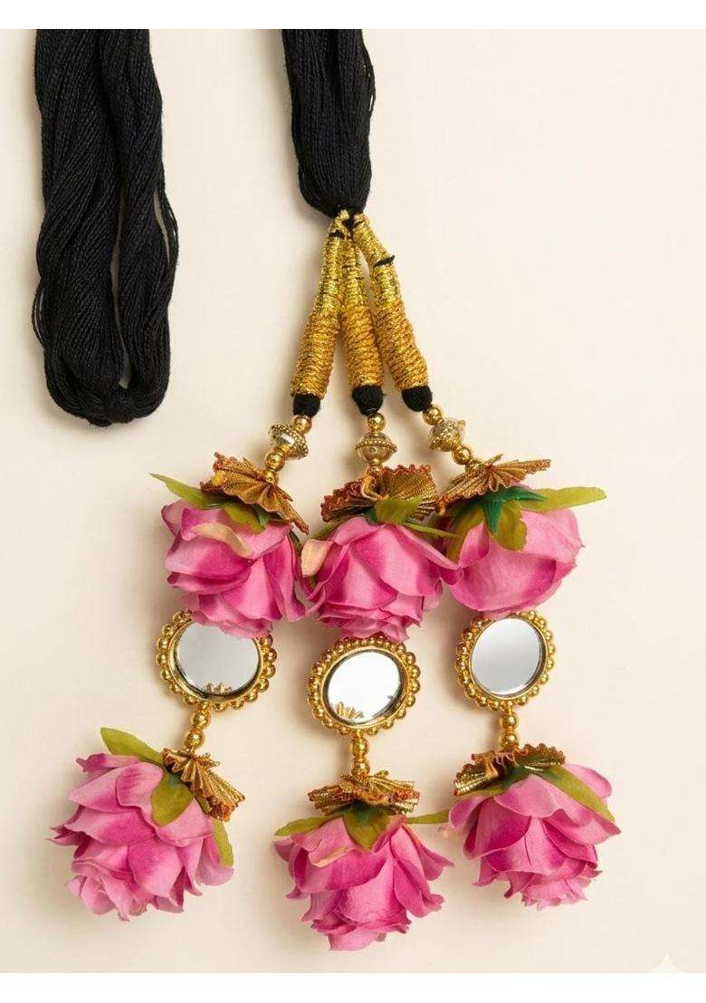 Praajka Punjabi Bridal Parandi Paranda Black and Gold Braided Hair Extension with Pastel Colors Pom Tassels - Indya