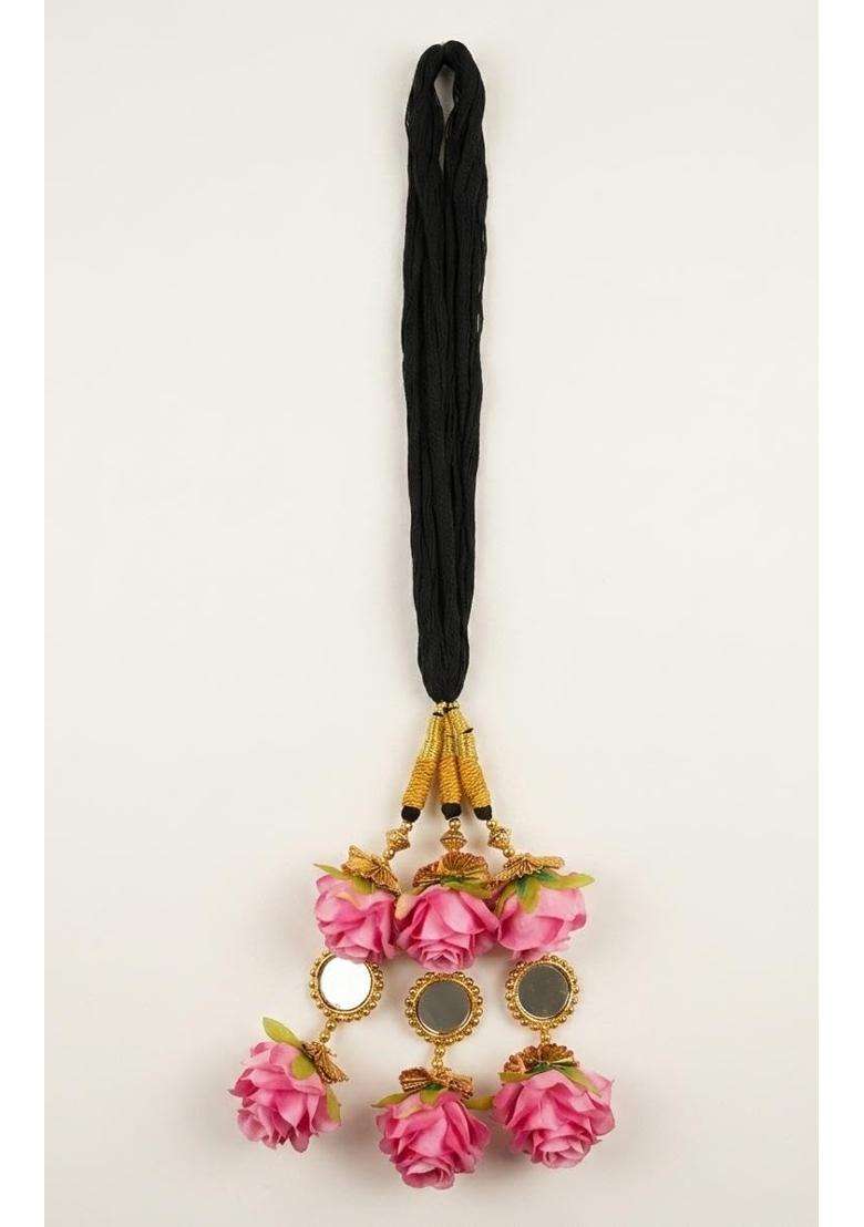 Praajka Punjabi Bridal Parandi Paranda Black and Gold Braided Hair Extension with Pastel Colors Pom Tassels - Indya