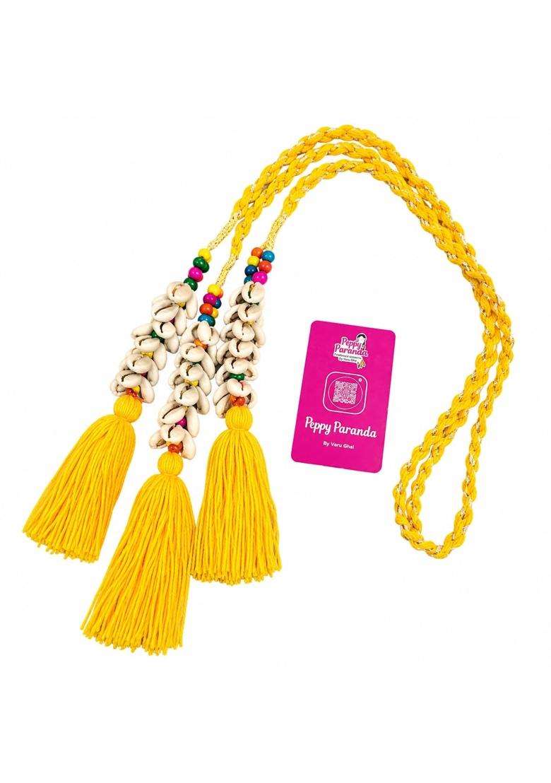 Yellow Peppy Paranda Traditional Punjabi Hair Accessory for Women Woollen Parandi with Cowrie Shells and Beads - Indya