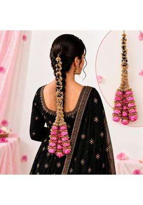 Prityka Heavy Rose Design Punjabi Goldean Pink Hair Paranda for Women
