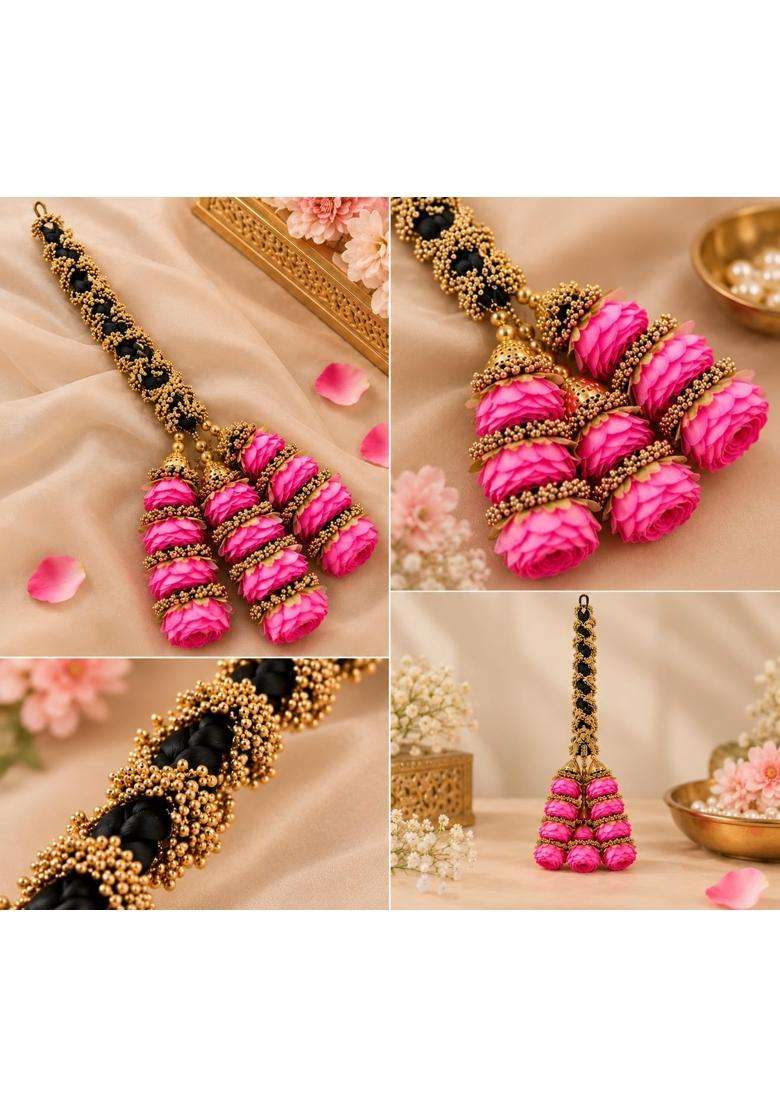 Prityka Heavy Rose Design Punjabi Goldean Pink Hair Paranda for Women - Indya