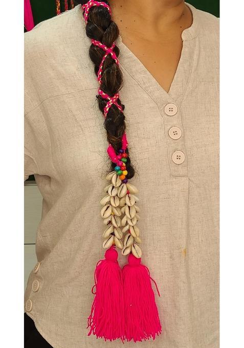 Peppy Paranda Traditional Punjabi Hair Accessory Woolen with Shells and Beads Handcrafted Pink