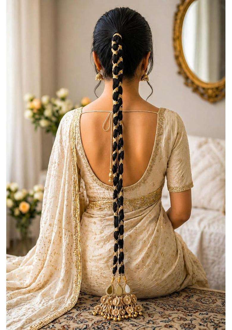 Handmade Bridal Paranda with Black Braided Design Mirror Accents Pearl Detailing Floral Tassel - Indya