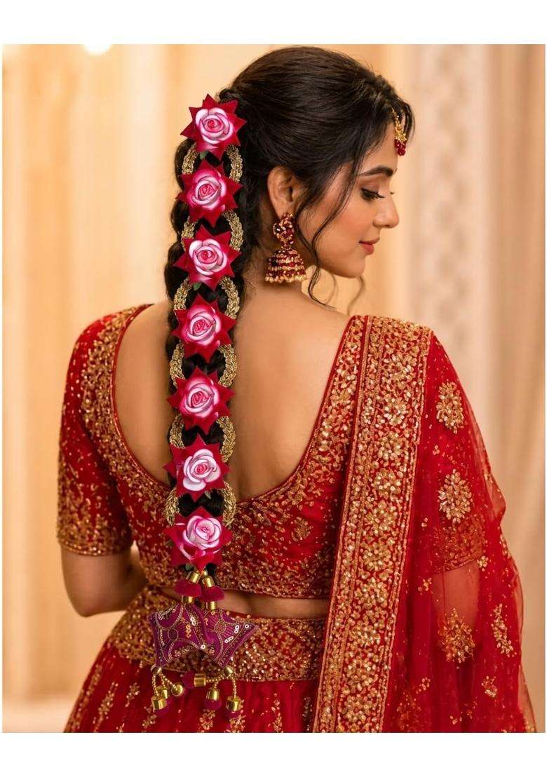 Velina Handcrafted Velvet Rose and Golden Leaf Paranda Traditional Punjabi Hair Accessory for Weddings Mehndi - Indya