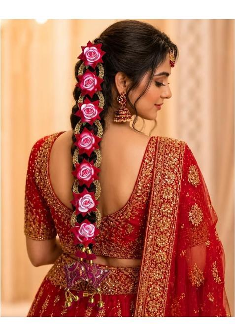 Velina Handcrafted Velvet Rose and Golden Leaf Paranda Traditional Punjabi Hair Accessory for Weddings Mehndi