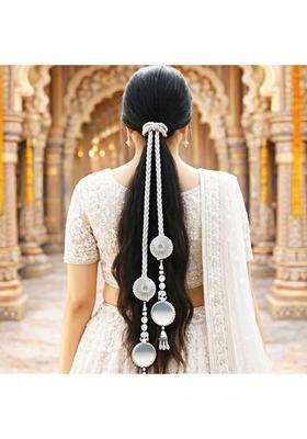 Suwasna Beaded Tassel Mirror Paranda with Pearl and Kundan Accents Traditional Hair Accessory