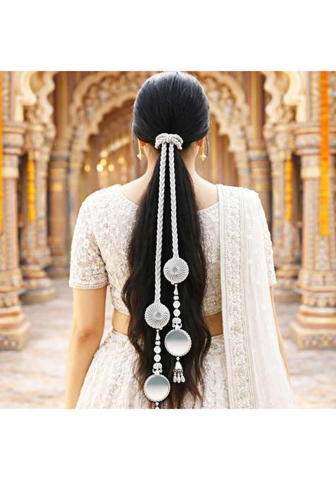 Suwasna Beaded Tassel Mirror Paranda with Pearl and Kundan Accents Traditional Hair Accessory