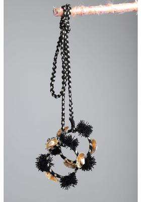 Peppy Paranda Traditional Hair Accessory with Red Pom Poms Gold Chakri Cowrie Shells Black