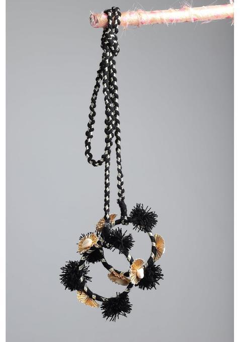 Peppy Paranda Traditional Hair Accessory with Red Pom Poms Gold Chakri Cowrie Shells Black