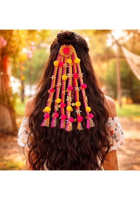 Suwasna Boho Pom Tassel Hair Tie with Gold Flower Charms Paranda
