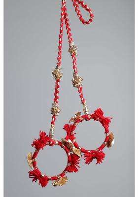 Peppy Paranda Traditional Hair Accessory with Red Pom Poms Gold Chakri Cowrie Shells Red