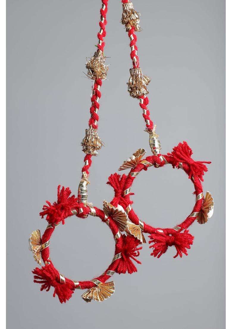 Peppy Paranda Traditional Hair Accessory with Red Pom Poms Gold Chakri Cowrie Shells Red - Indya