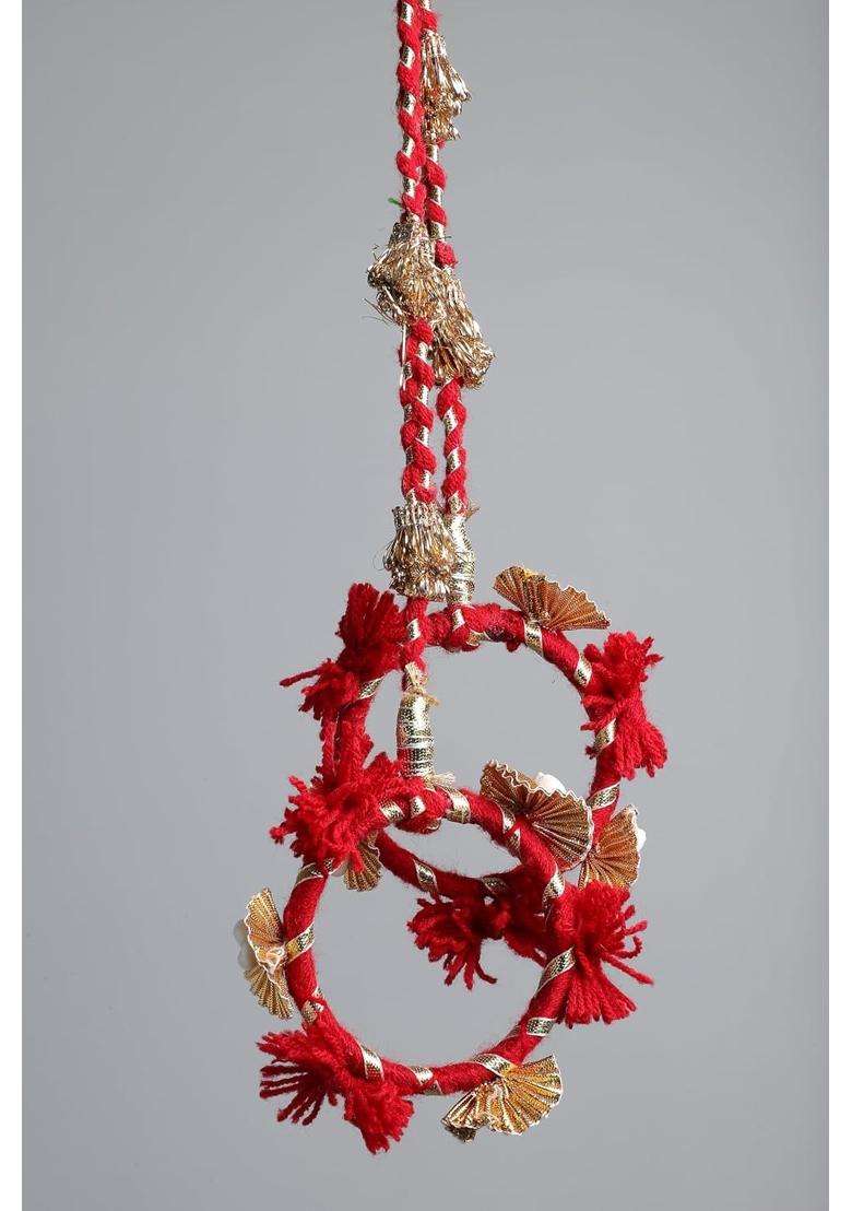 Peppy Paranda Traditional Hair Accessory with Red Pom Poms Gold Chakri Cowrie Shells Red - Indya