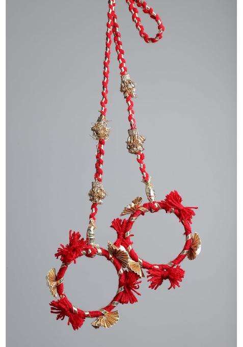 Peppy Paranda Traditional Hair Accessory with Red Pom Poms Gold Chakri Cowrie Shells Red