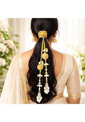 Suwasna Natural Sea Shell and Gold Braided Paranda for Women Ethnic and Traditional Hair Accessory Parandi
